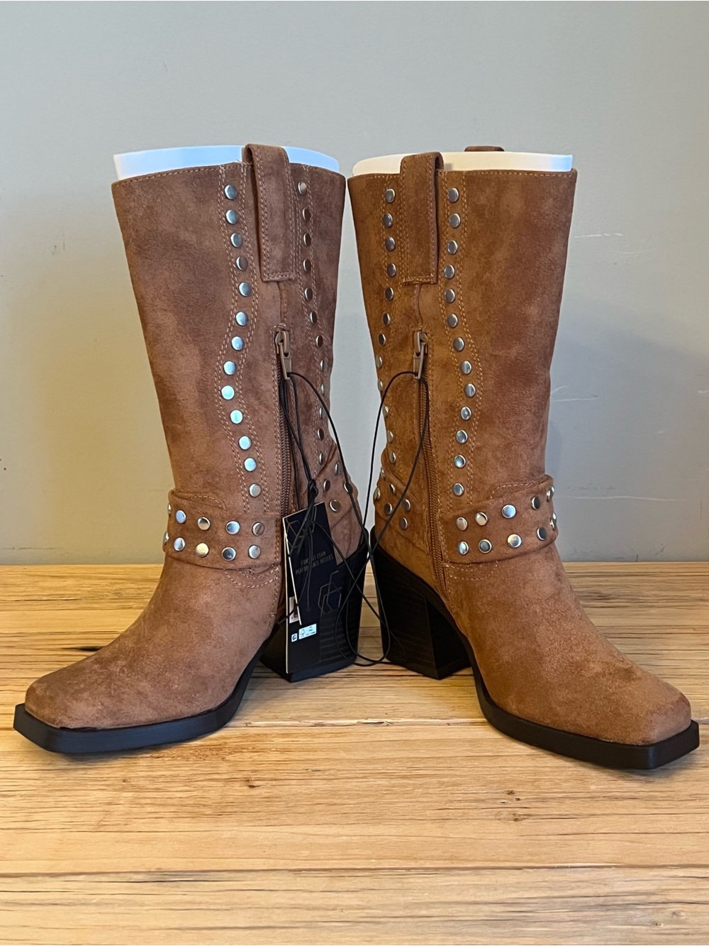 NIB Madden Nyc Women’s Brown Faux Suede Studded Mid-Calf Boots - Picture 7 of 10